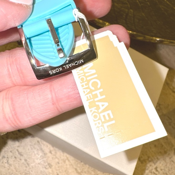 Michael Kors Janelle Watch Silver MK Logo Dial Aqua Blue Sili… NIB - Picture 9 of 13
